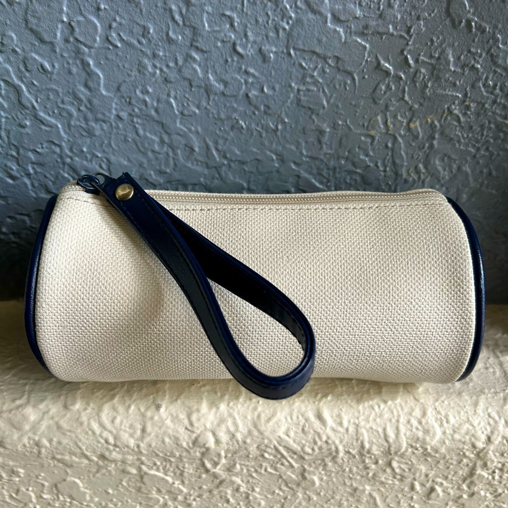 Cream Canvas Navy Blue Trim Cylindrical Barrel Wristlet Travel Bag Pouch Clutch